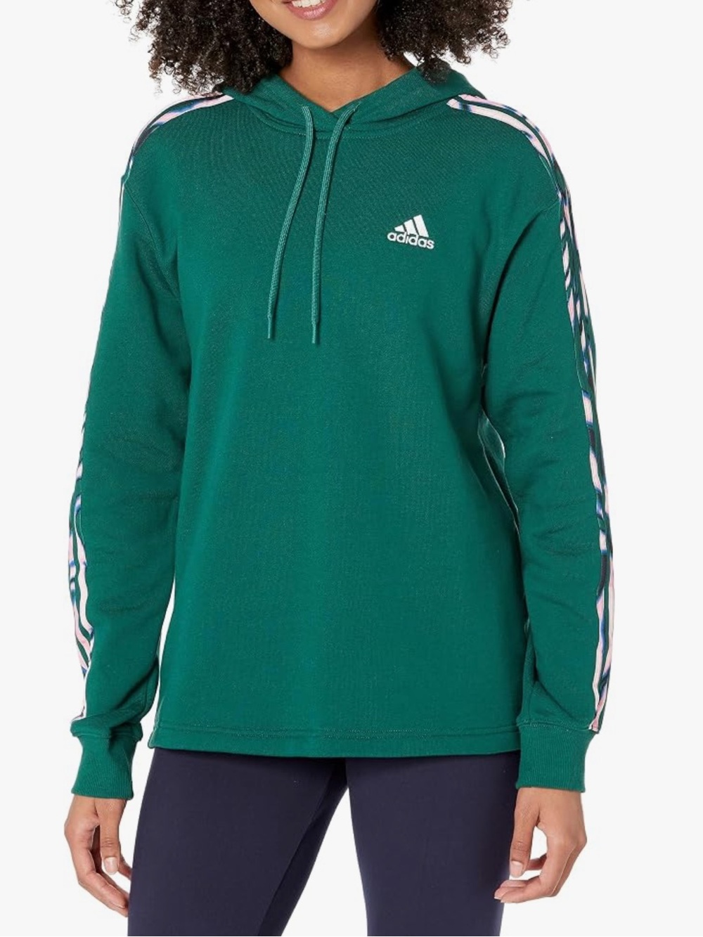 Adidas Women’s Green Hoodie - Vibrant Tropical Printed 3-Stripes - Size Small